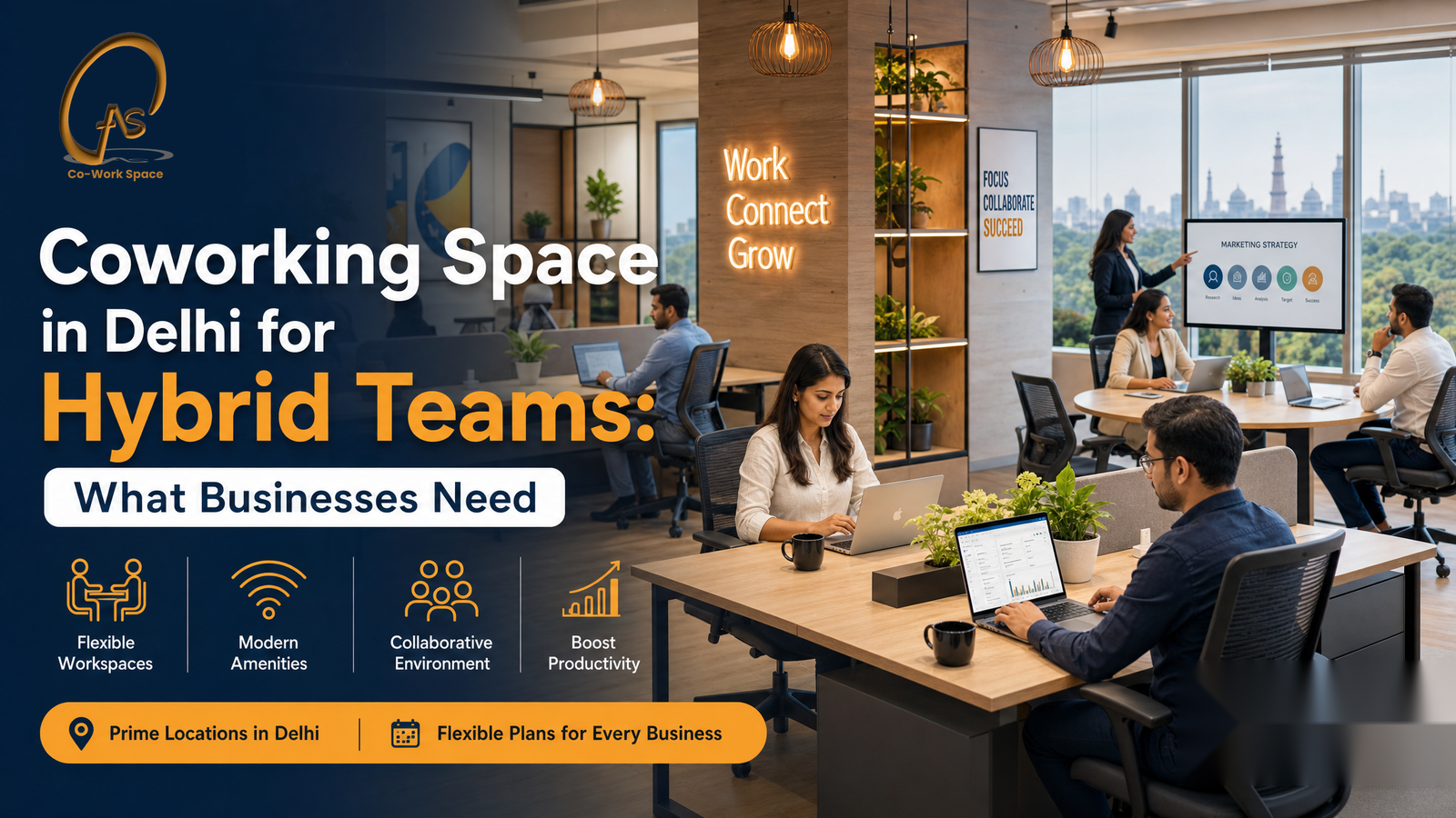 Modern coworking space in Delhi for hybrid teams with flexible workspaces, collaborative areas, and business amenities.