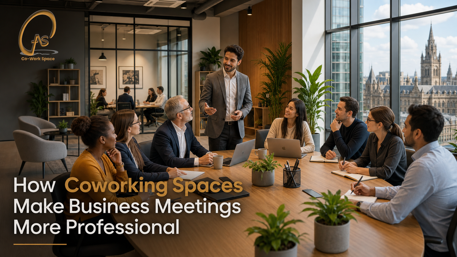 Professional business meeting in a modern coworking space with a team discussing ideas around a conference table