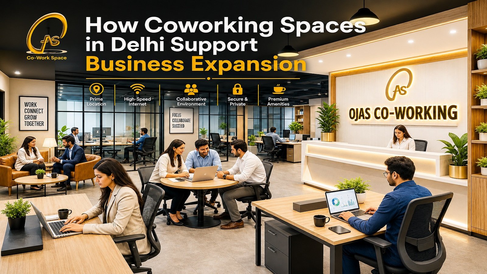 Bright modern coworking space with professionals working and collaborating, featuring private workspaces, reception area, premium amenities, and AS Co-Work Space branding.