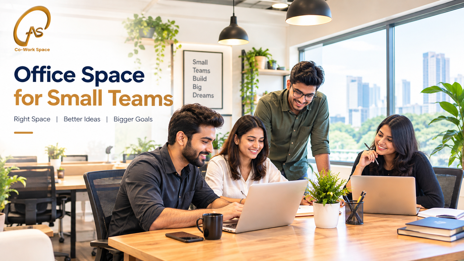 Office space for small teams in a professional and modern coworking workspace, with employees working together in a bright collaborative environment.