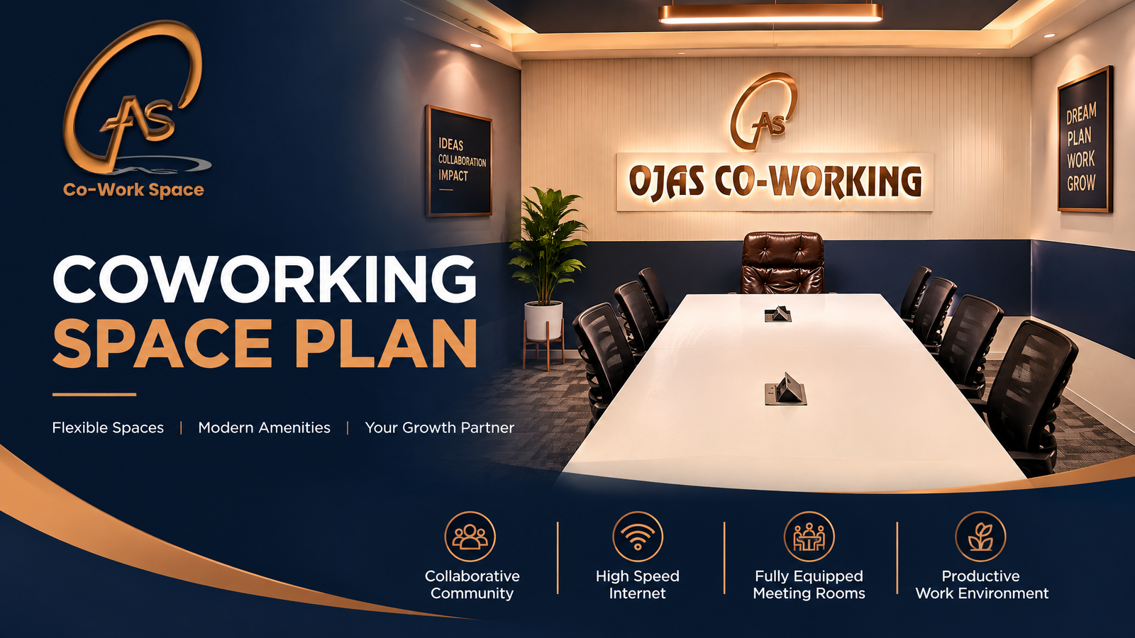 Freelancer working at a desk under a coworking space plan at Ojas Coworking
